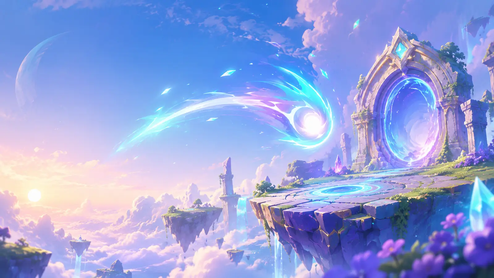 Luminous Wisp streaking across floating islands and a portal at sunrise
