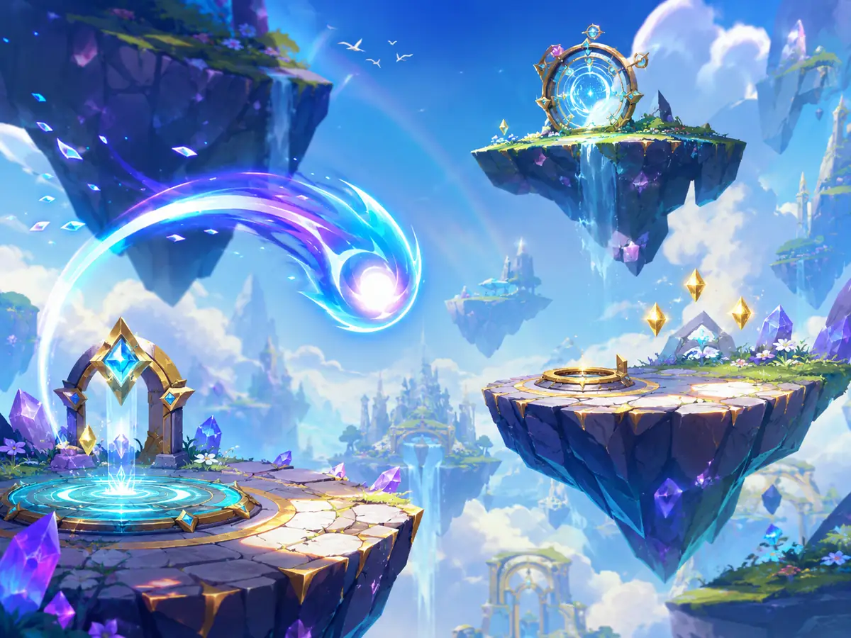 Bright floating platform scene with a Wisp flying between magical gateways