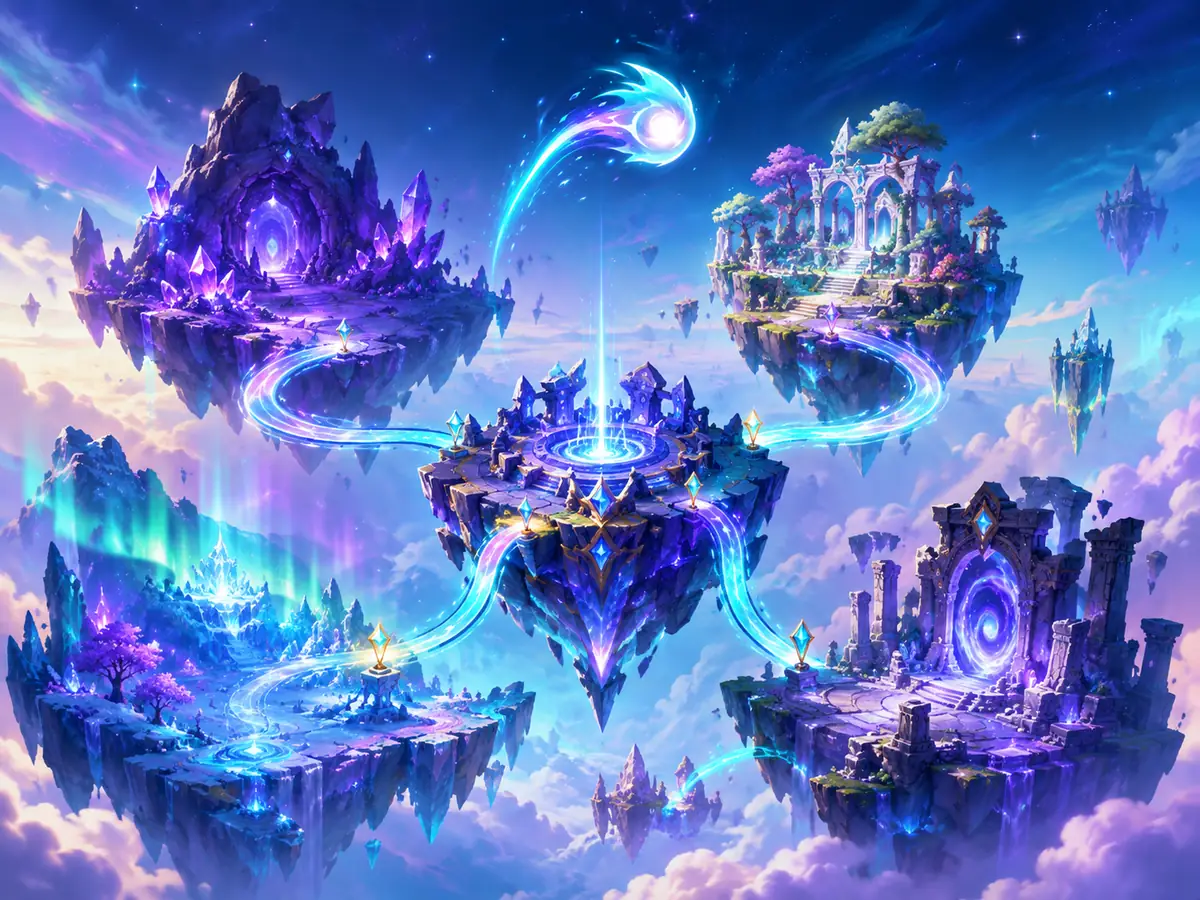 Illustrated floating-islands progression map for a fantasy arcade game